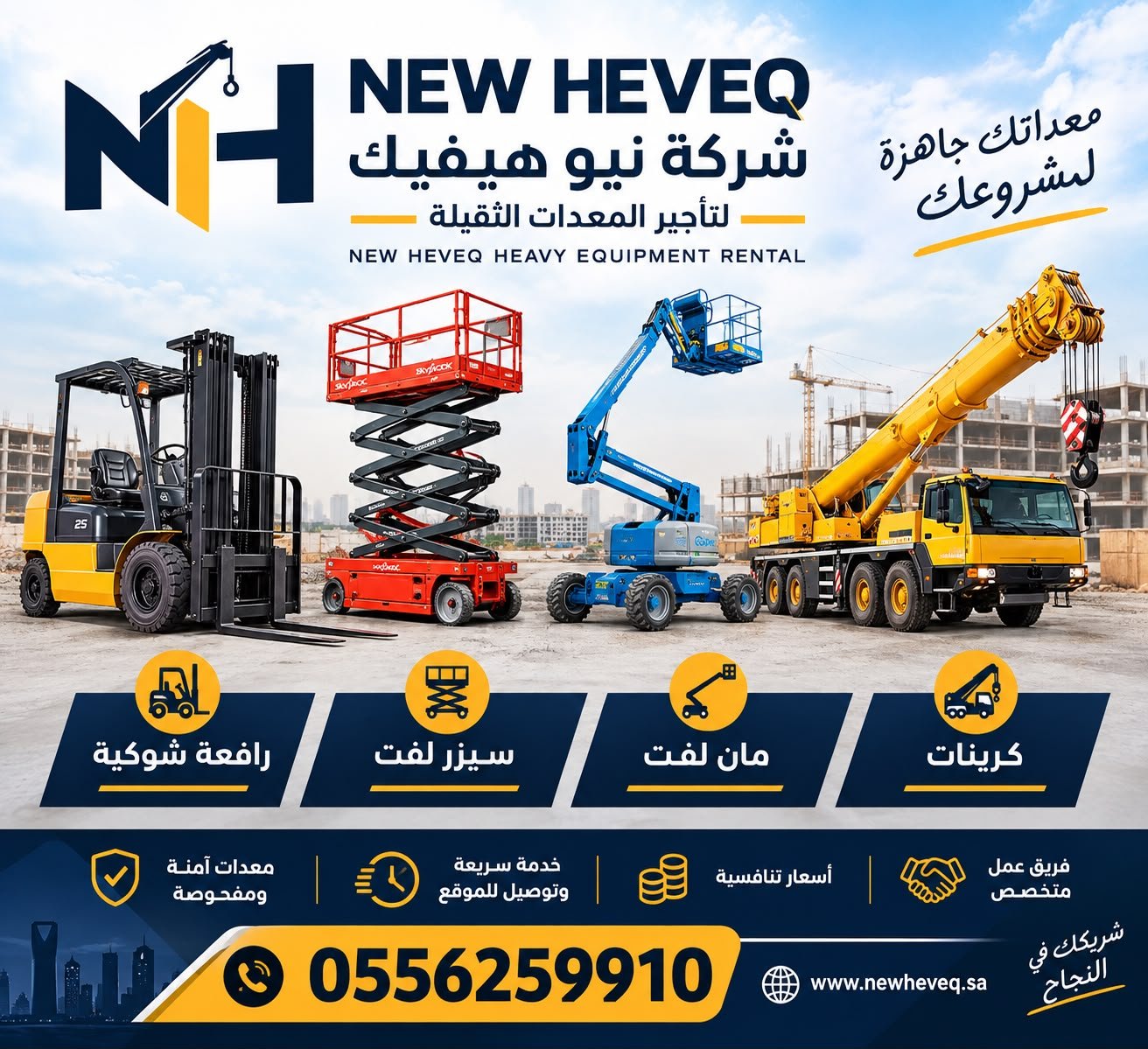 إعلان شركة نيو هيفيك New Heveq لتأجير المعدات الثقيلة: رافعة شوكية، سيزر لفت، مان لفت، كرينات — 0556259910